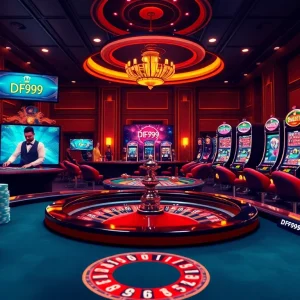 Experience the excitement of trang chủ DF999 with vibrant casino tables and spinning roulette wheels.