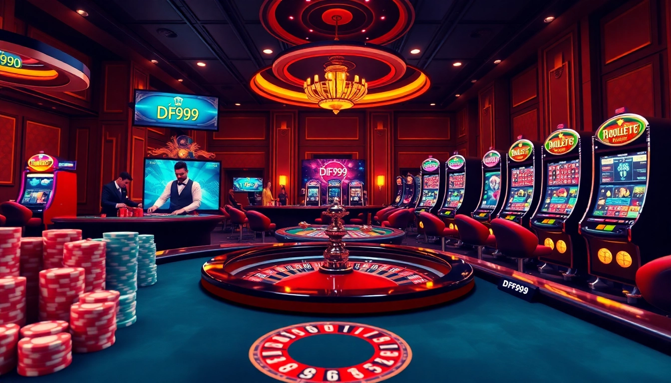 Experience the excitement of trang chủ DF999 with vibrant casino tables and spinning roulette wheels.