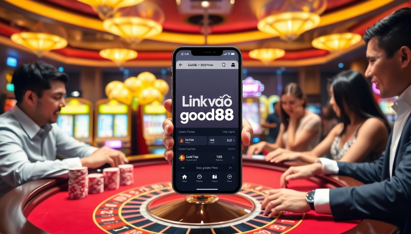 Exciting casino scene showcasing players engaging with 'link vào good88' on a vibrant roulette table and slots.