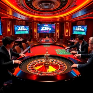 Players engaged in a thrilling roulette game at 23Win casino, showcasing vibrant tables and excitement.