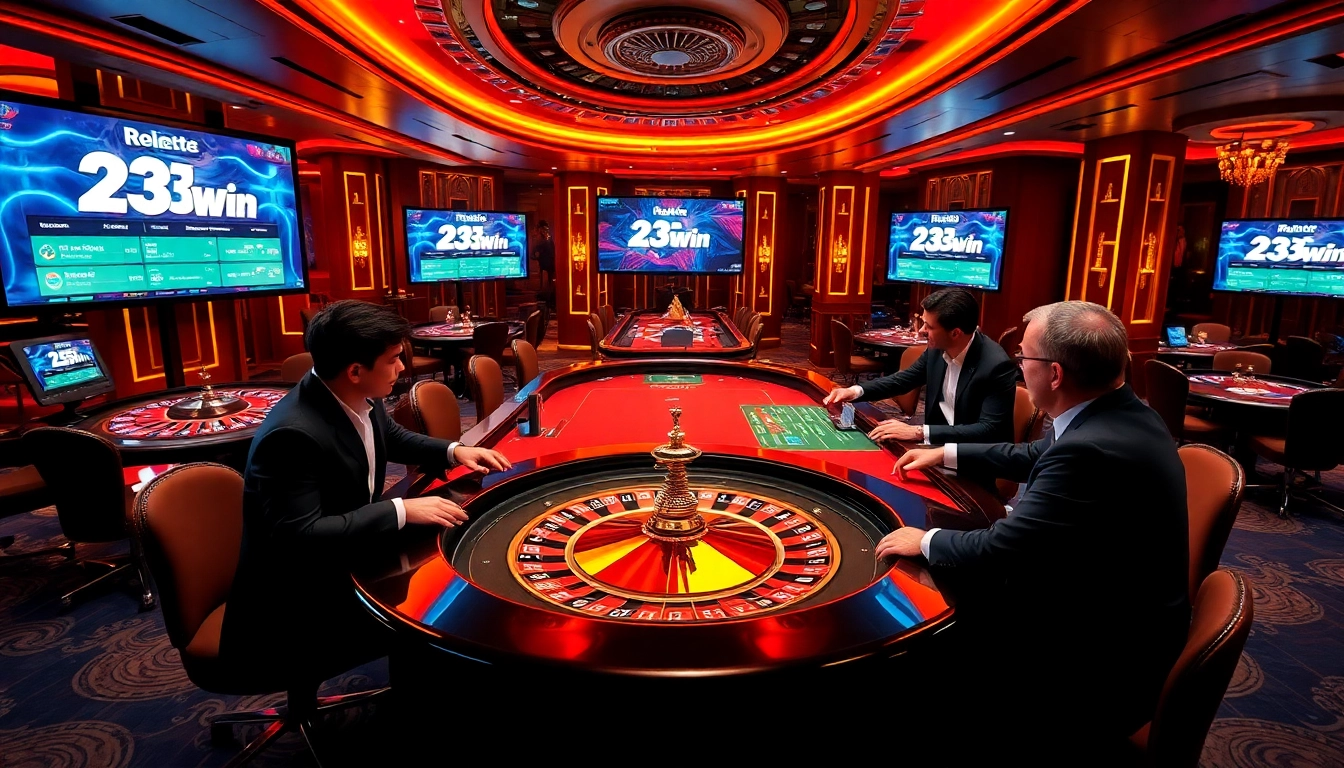 Players engaged in a thrilling roulette game at 23Win casino, showcasing vibrant tables and excitement.