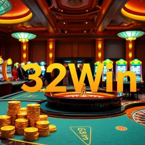 Experience the thrilling excitement of 32Win as players engage in luxurious casino games with vibrant neon lights.