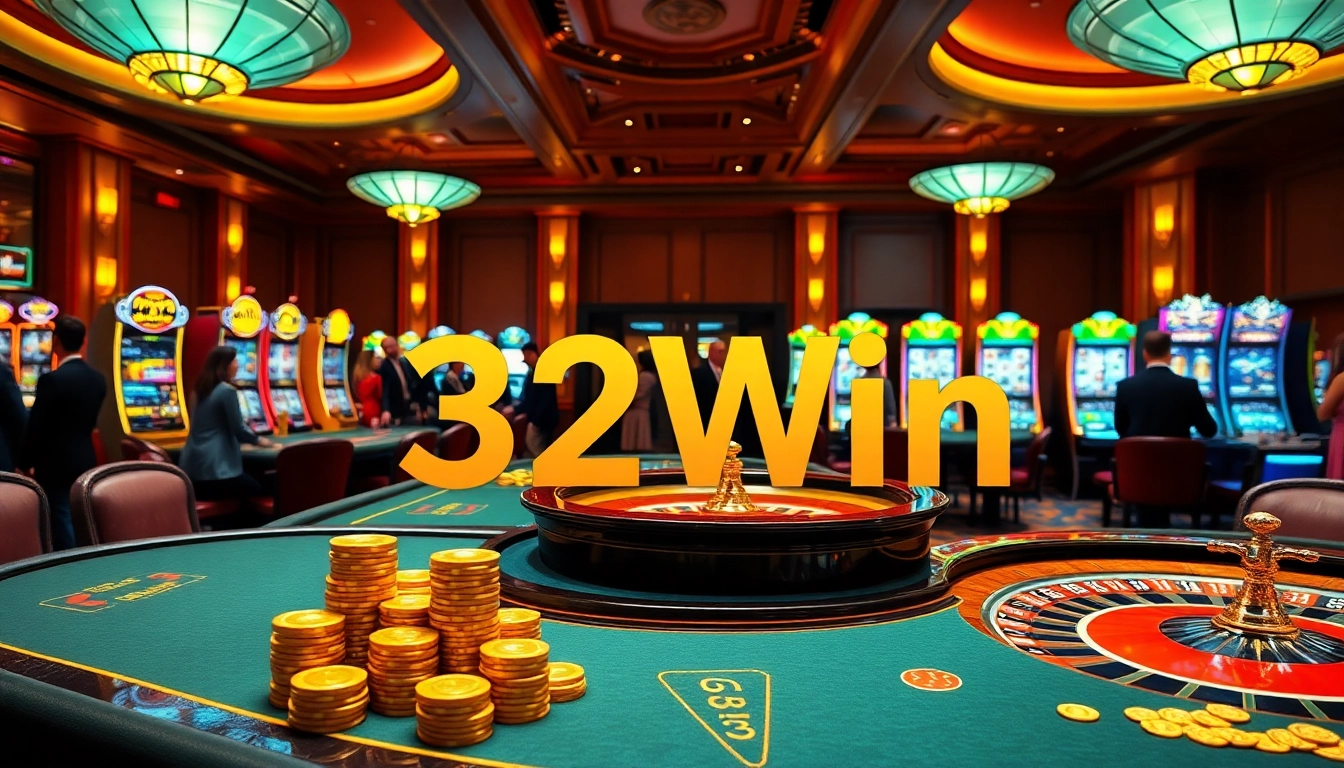 Experience the thrilling excitement of 32Win as players engage in luxurious casino games with vibrant neon lights.