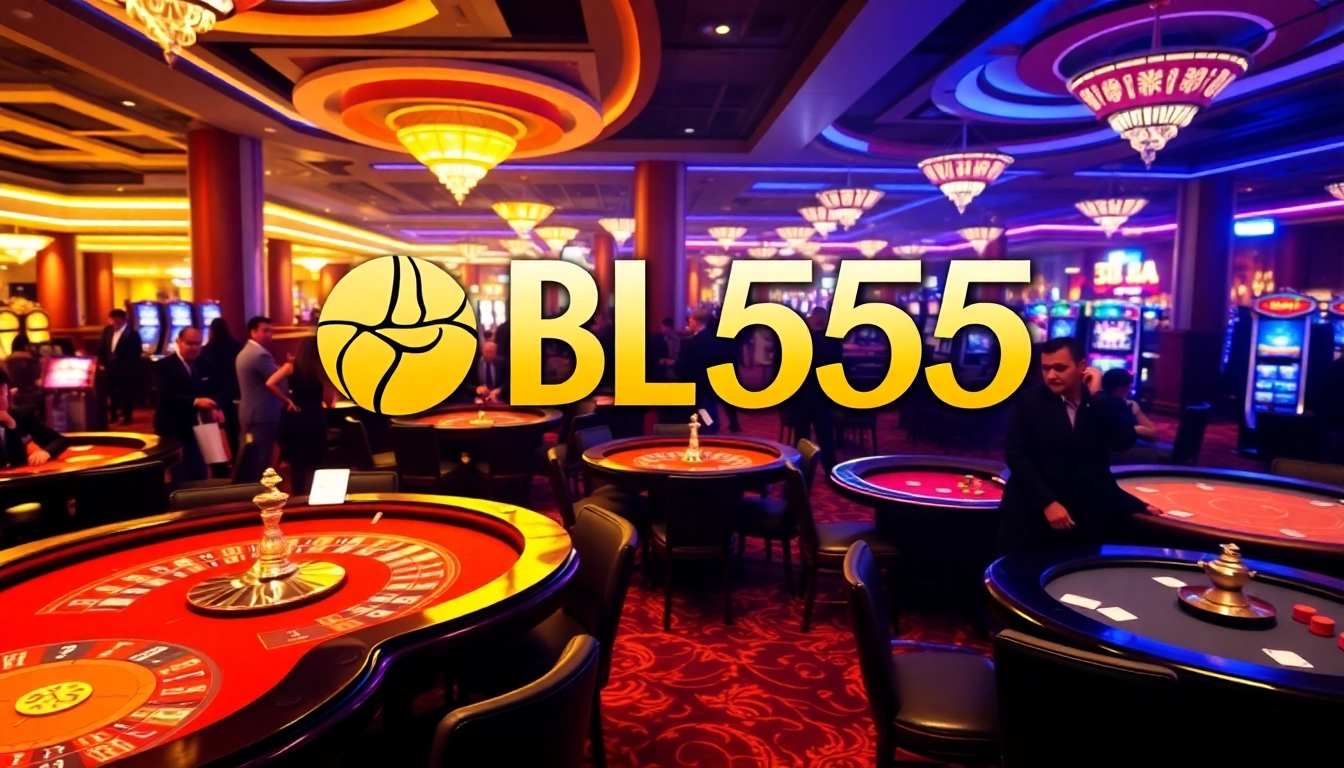 Exciting BL555 online casino scene featuring diverse games and engaging players at gambling tables.