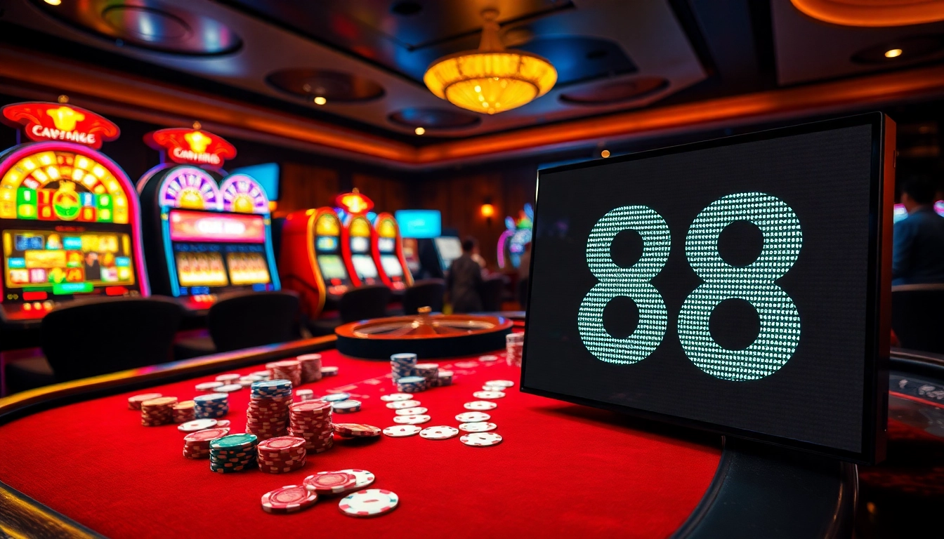 Engage in the thrill of GO 88 with vibrant casino visuals showcasing poker chips and roulette.