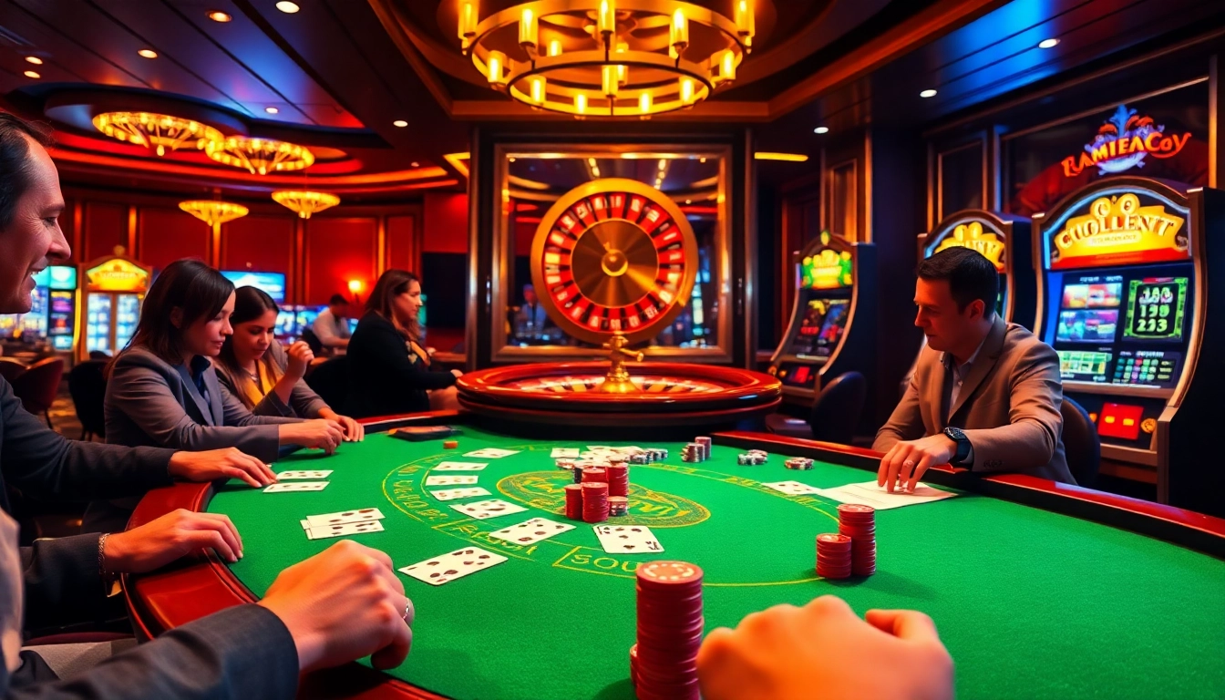 Players enjoy blackjack at an opulent table, embodying the thrill of fly88fly.com betting.