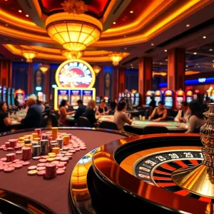 FLY88 trang chủ casino scene with vibrant lights, lively players, and colorful chip stacks.