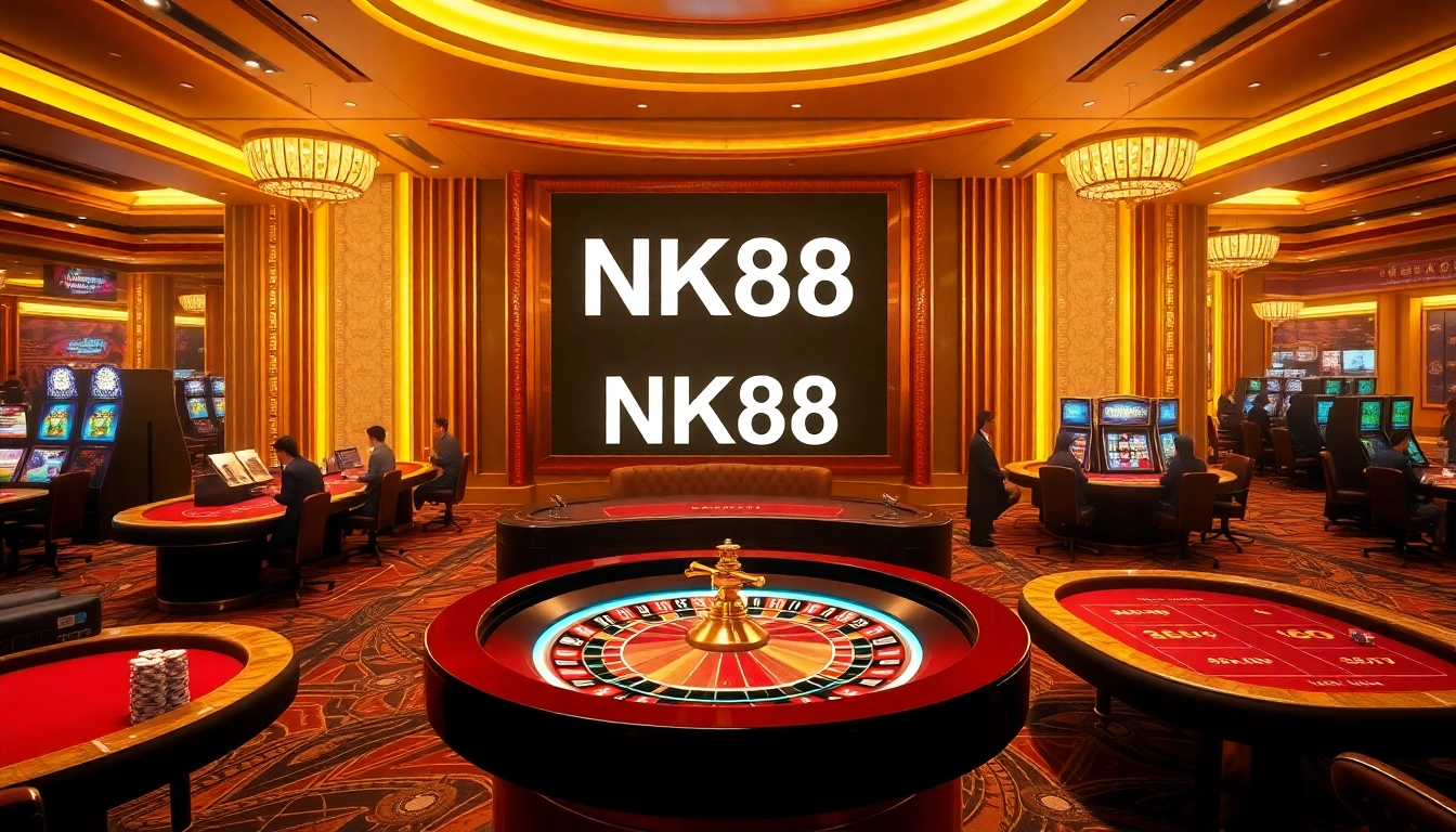 Experience the thrill of NK88 casino gaming with vibrant tables, roulette wheels, and illuminated slot machines.