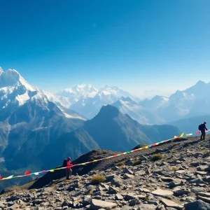 Mount Everest Base Camp trek with trekkers amidst stunning Himalayan scenery
