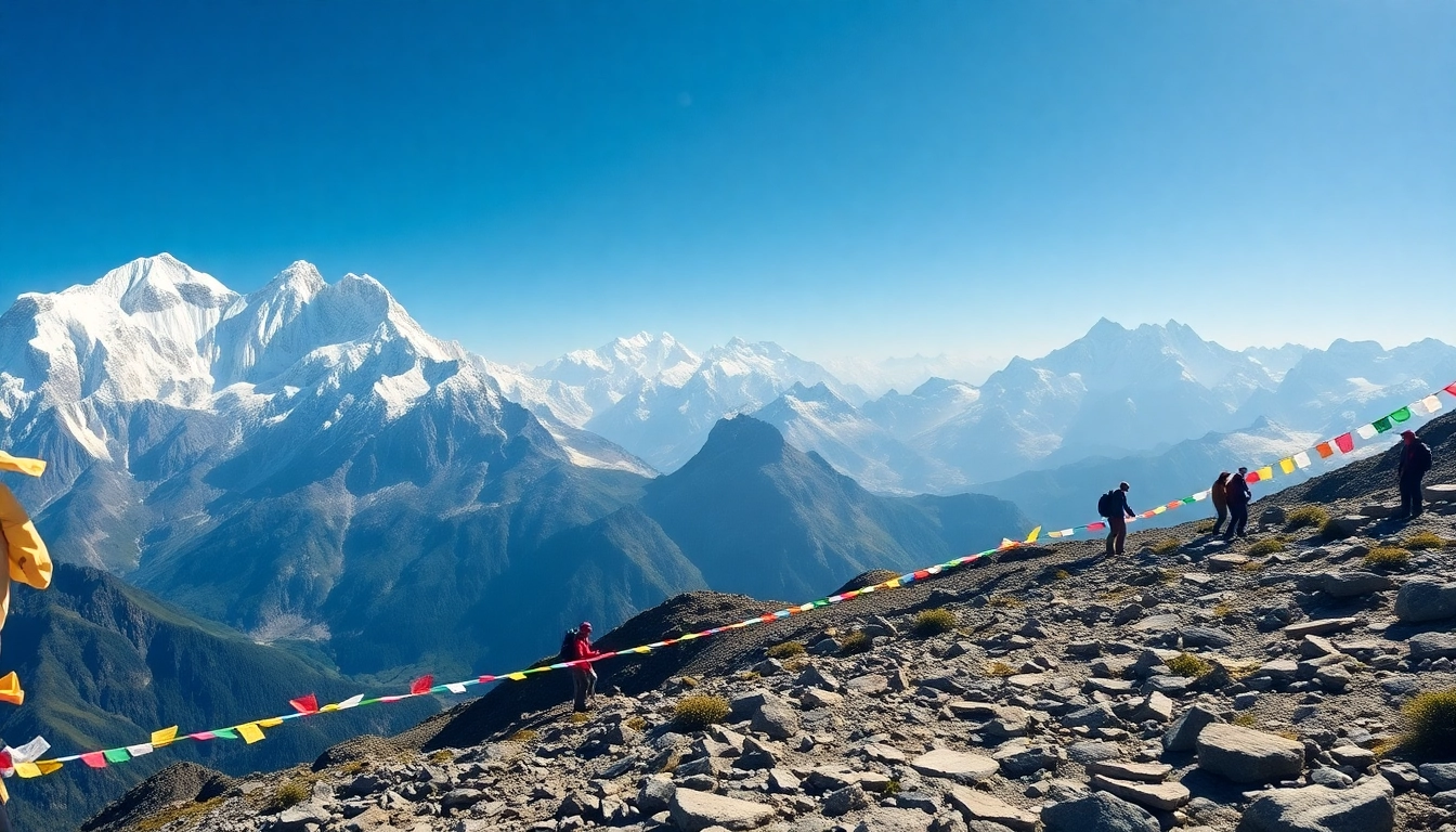 Mount Everest Base Camp trek with trekkers amidst stunning Himalayan scenery