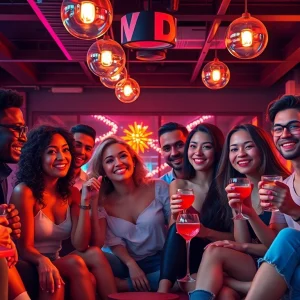 OKFUN social gathering in a vibrant urban lounge, showcasing diverse individuals enjoying connections and companionship.