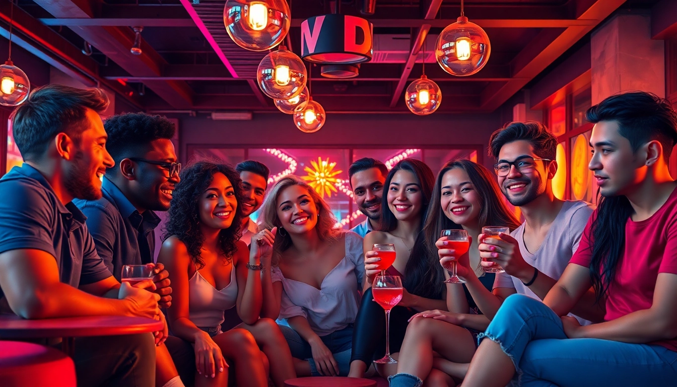 OKFUN social gathering in a vibrant urban lounge, showcasing diverse individuals enjoying connections and companionship.