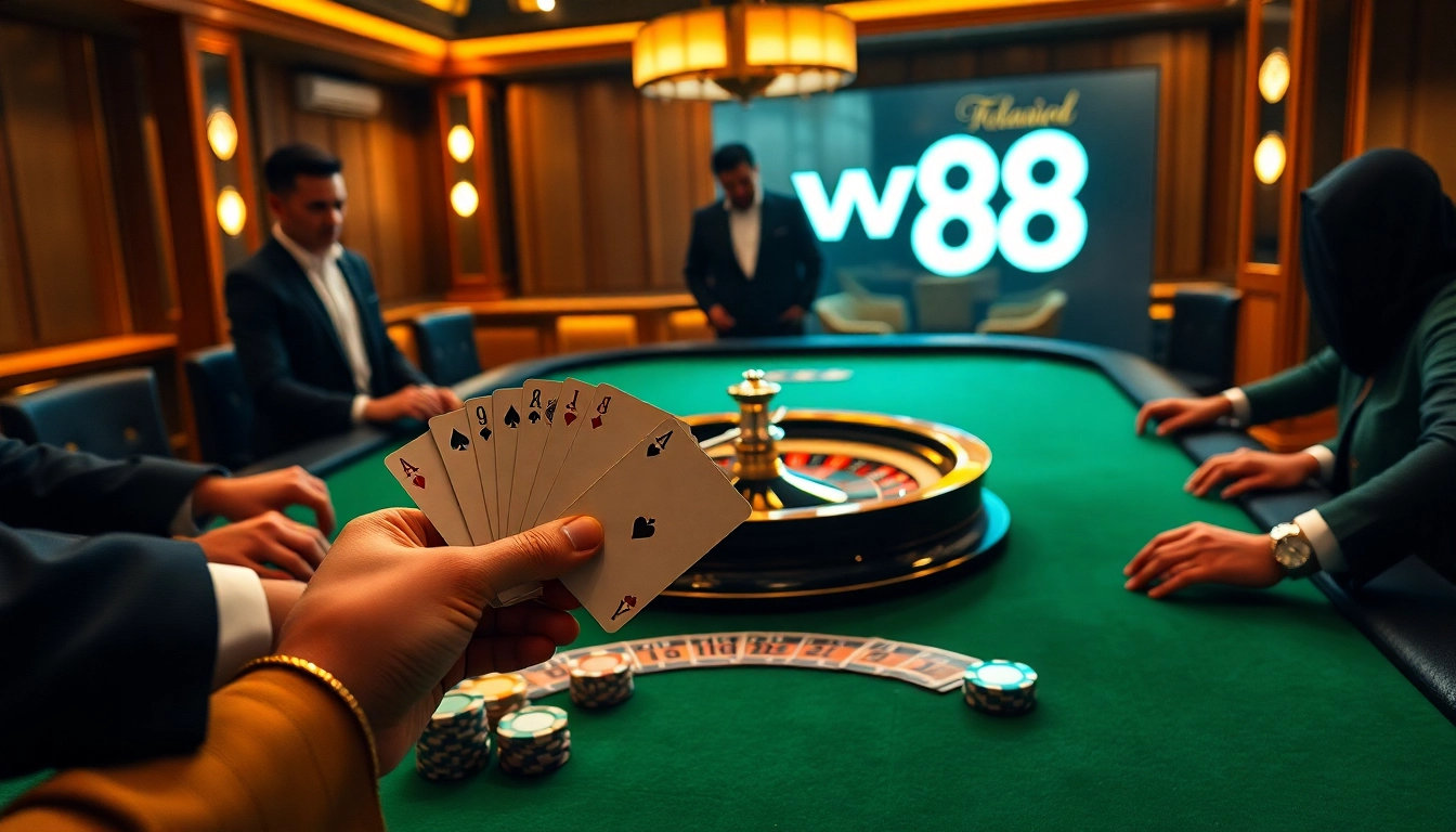 Experience thrilling gameplay at ww88 with an exciting poker scene in a luxurious casino.