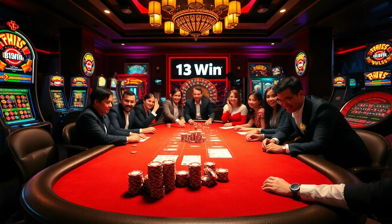 A lively casino scene showcasing 13Win's sophisticated poker and slot game action with excited players celebrating their wins.