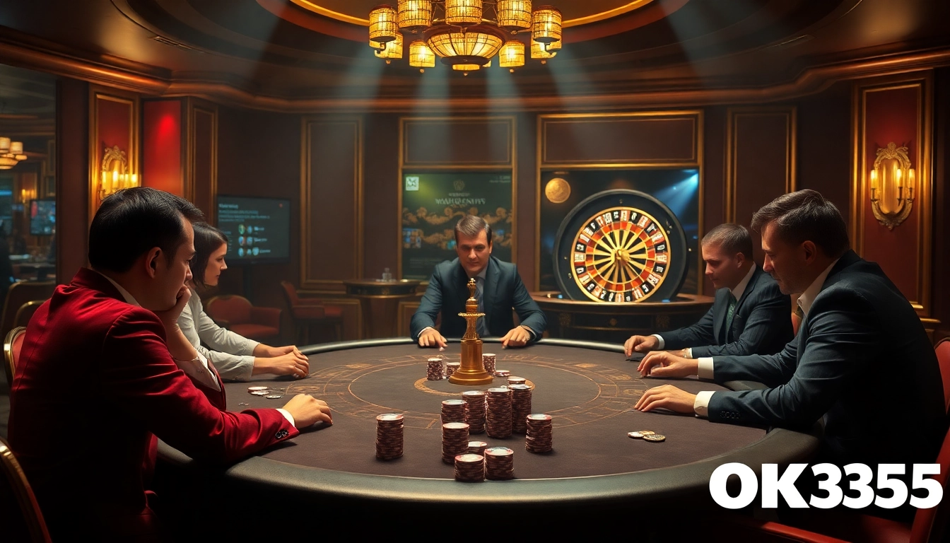 Players enjoying a thrilling poker game at OK365 com casino, showcasing chips and roulette.
