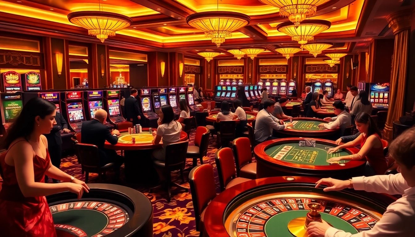 Kuwin casino scene with players at tables, slot machines, and vibrant decor.