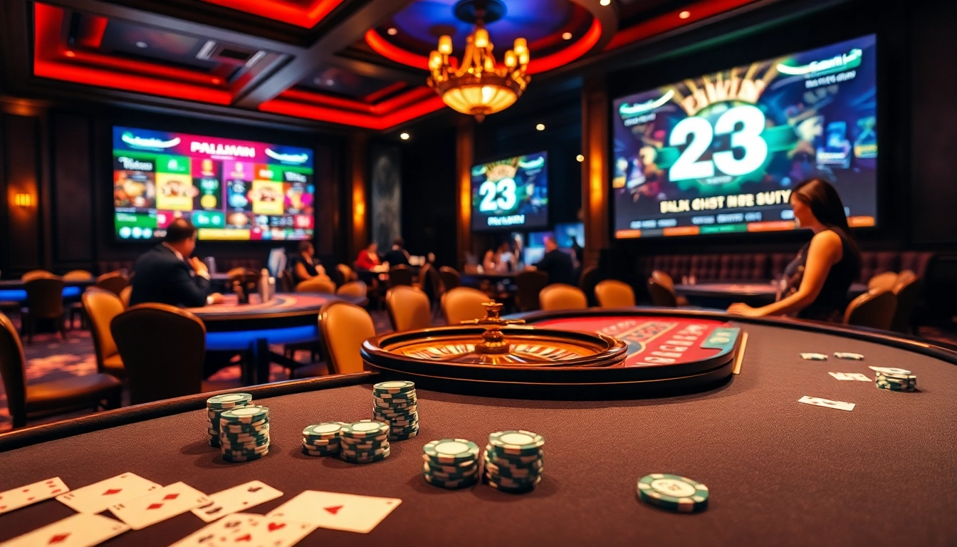 Experience the thrill of 23win at a luxurious casino table surrounded by high-stakes fun.