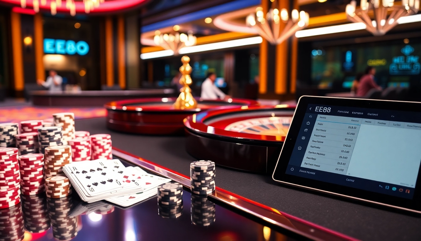 EE88 gambling scene with poker chips, cards, and a glowing roulette wheel, showcasing a thrilling betting atmosphere.