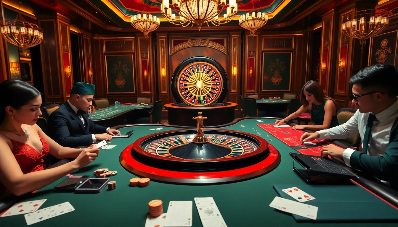 Players enjoying high-stakes poker at https://go88vn.asia/ casino tables, filled with excitement.