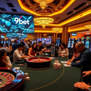 Experience the thrill of gambling at 9bet with captivating casino tables, slot machines, and vibrant atmosphere.