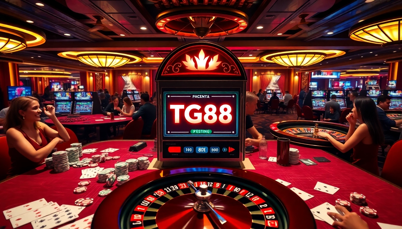 Players engaging with TG88 slot machine in a vibrant casino atmosphere.
