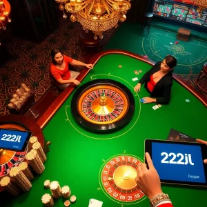 Experience the thrill of 22jl gaming with poker chips and a roulette wheel in an elegant casino.