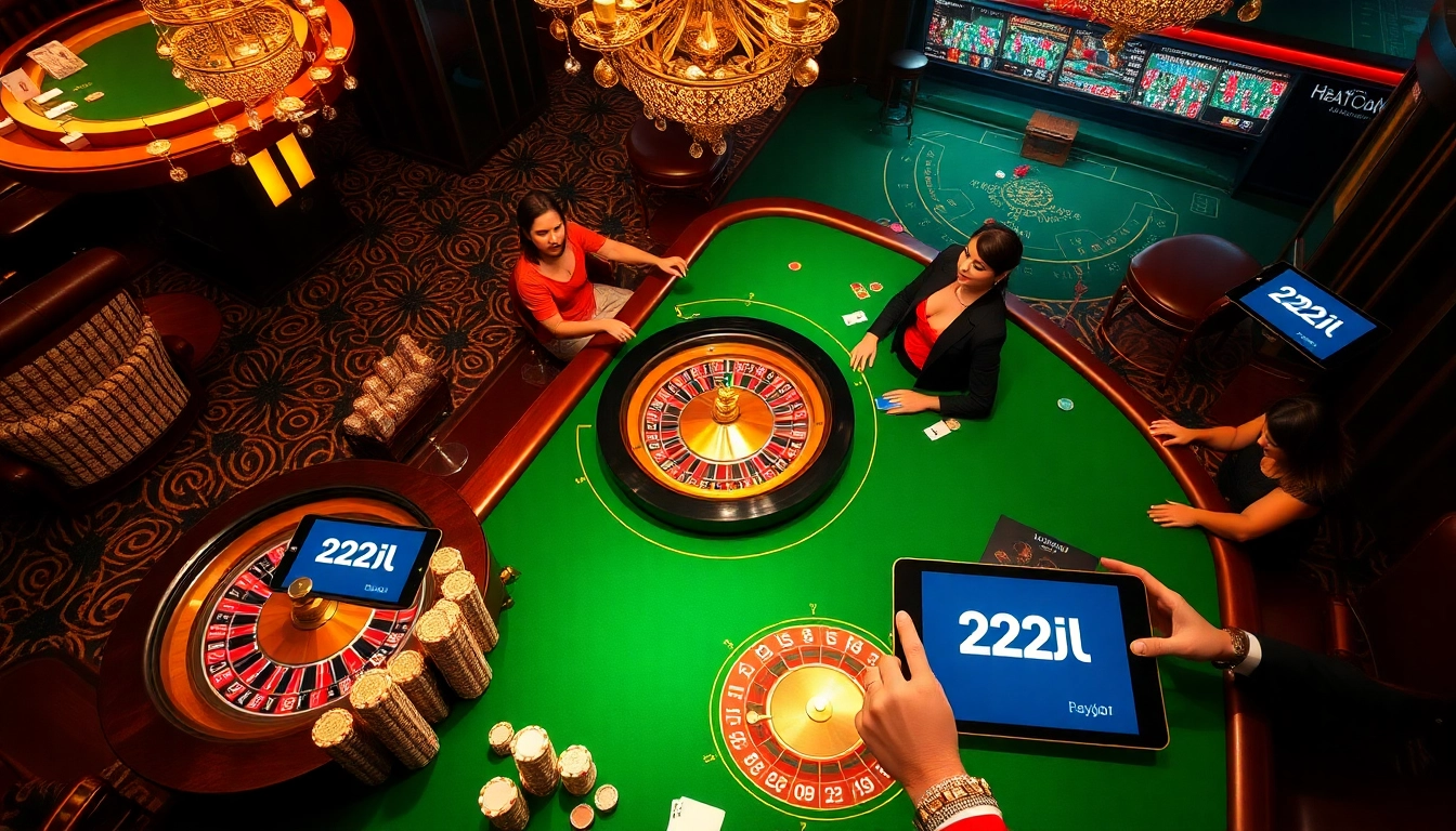 Experience the thrill of 22jl gaming with poker chips and a roulette wheel in an elegant casino.