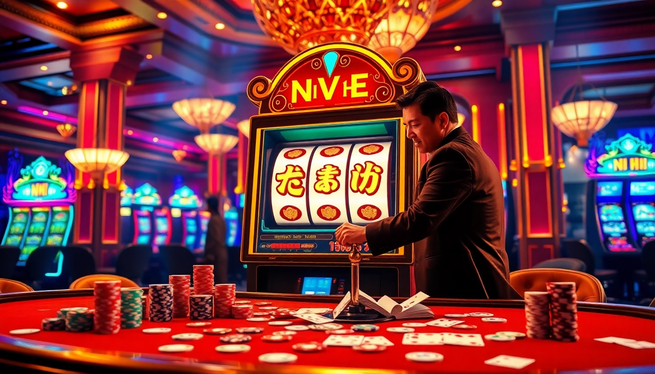 Experience nổ hũ excitement with this glamorous slot machine scene in a bustling casino environment.