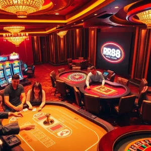 Experience the thrill of gambling at RR88's luxurious casino, featuring vibrant slot machines and exciting card games.