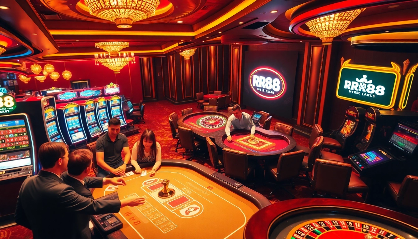 Experience the thrill of gambling at RR88's luxurious casino, featuring vibrant slot machines and exciting card games.