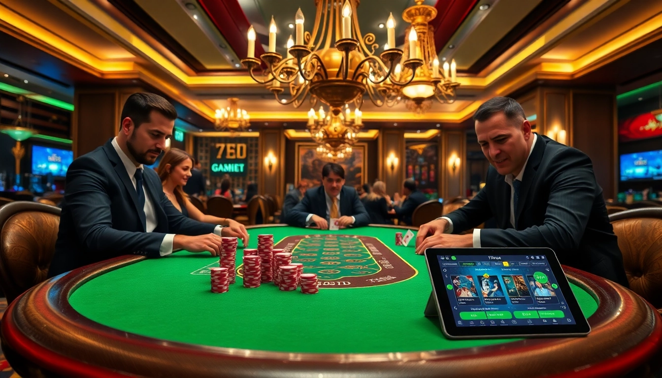 Players enjoying poker at a luxurious casino table, showcasing the excitement of 789bet.