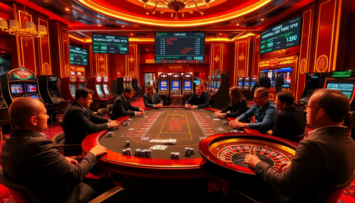 Players enjoying a thrilling poker game at TPJ casino, surrounded by luxurious decor and betting chips.