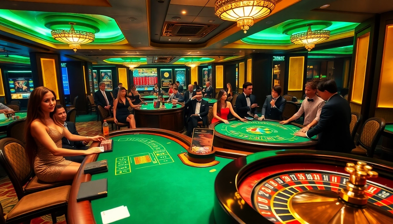 Experience the thrilling ambiance of Bin88 casino with elegant tables, professional dealers, and vibrant gaming action.