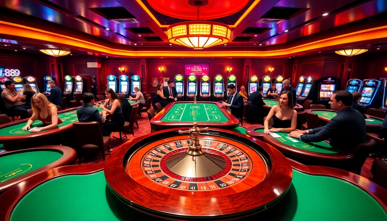 Players enjoying a premium casino experience at Hi88 with roulette and poker tables.