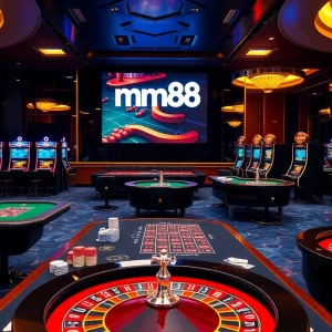 Exciting mm88 online casino scene with vibrant tables, cards, and slot machines.