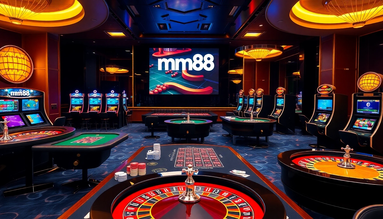 Exciting mm88 online casino scene with vibrant tables, cards, and slot machines.