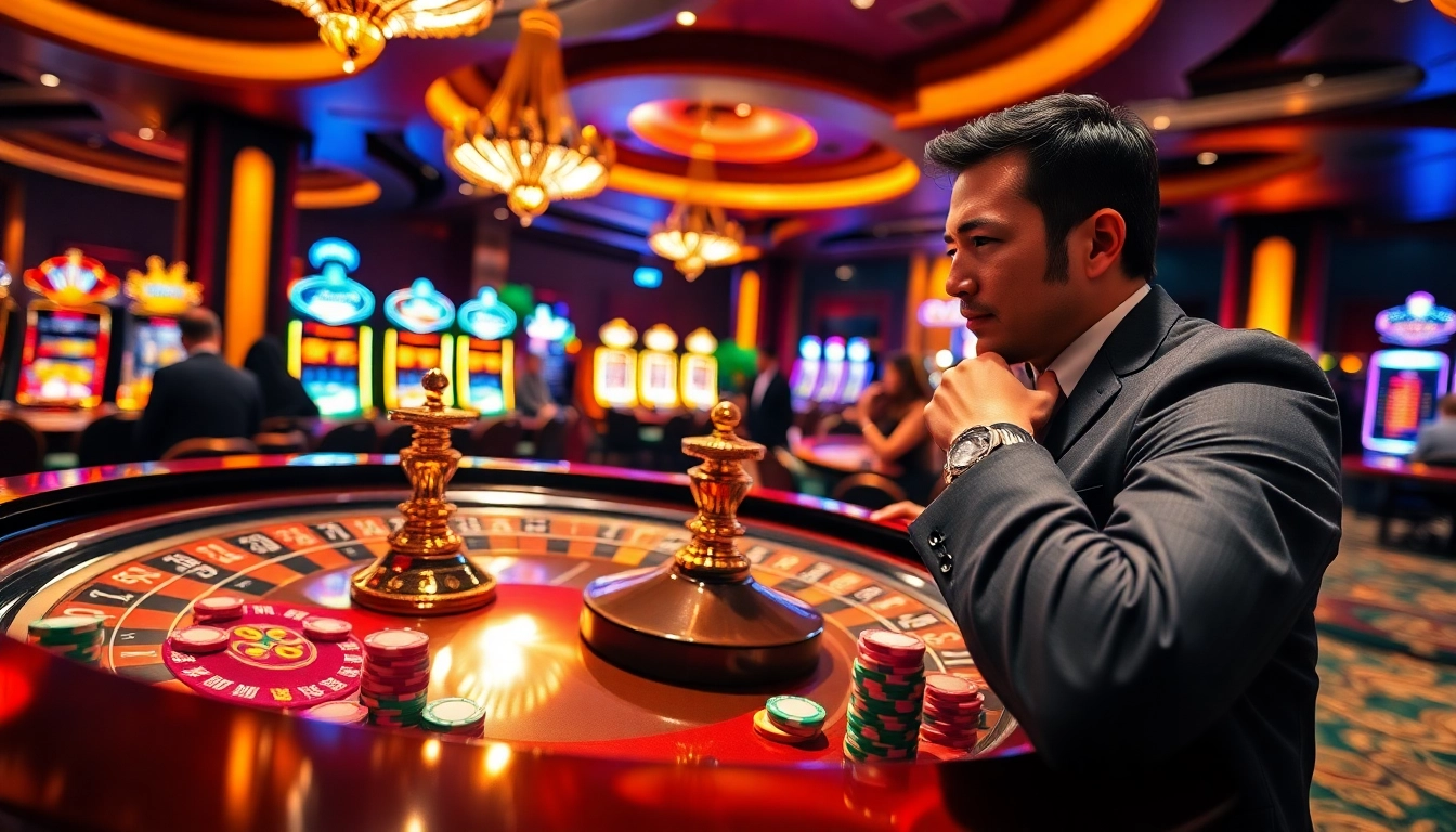Exciting casino action showcasing lu88 bets on a roulette table amidst vibrant chips and players.