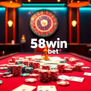 Experience thrilling moments at the casino with 58win bet, showcasing poker chips and vibrant gaming tables.