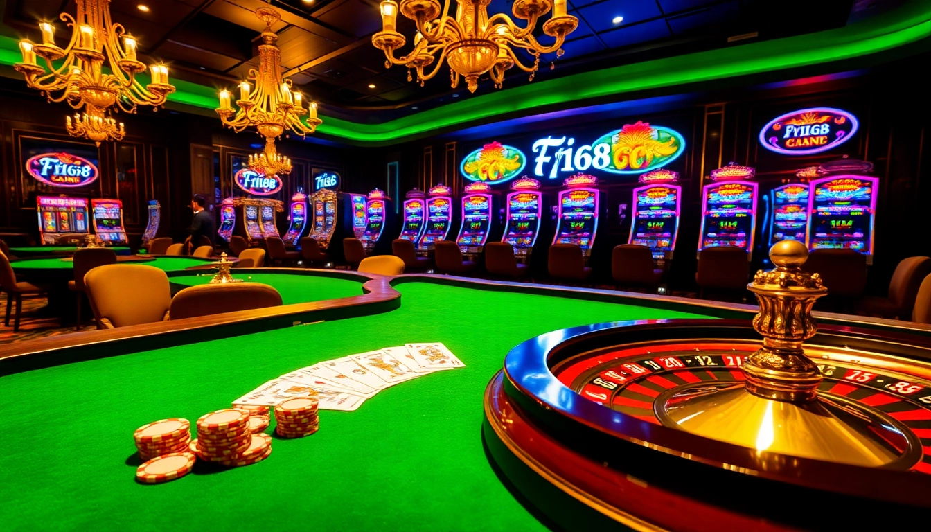 Experience the thrill of F168 casino gaming with poker chips, cards, and a lively roulette wheel.
