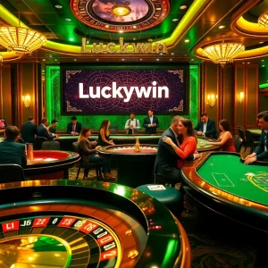 Players enjoying a thrilling game at Luckywin casino, surrounded by poker chips and a vibrant roulette wheel.