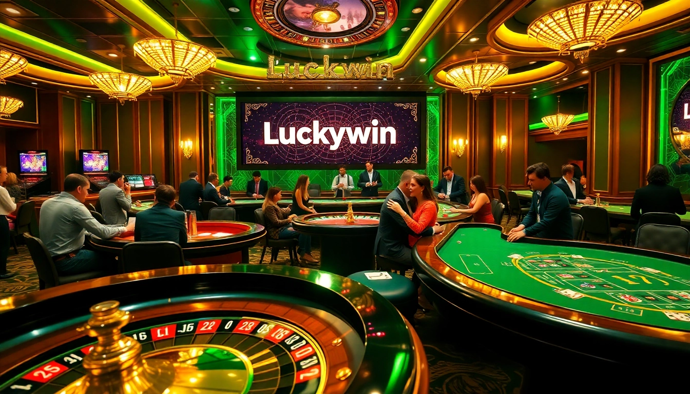 Players enjoying a thrilling game at Luckywin casino, surrounded by poker chips and a vibrant roulette wheel.