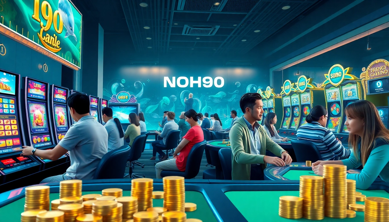 Engaging gaming scene on NOHU90 platform showcasing slot machines and live dealer action.