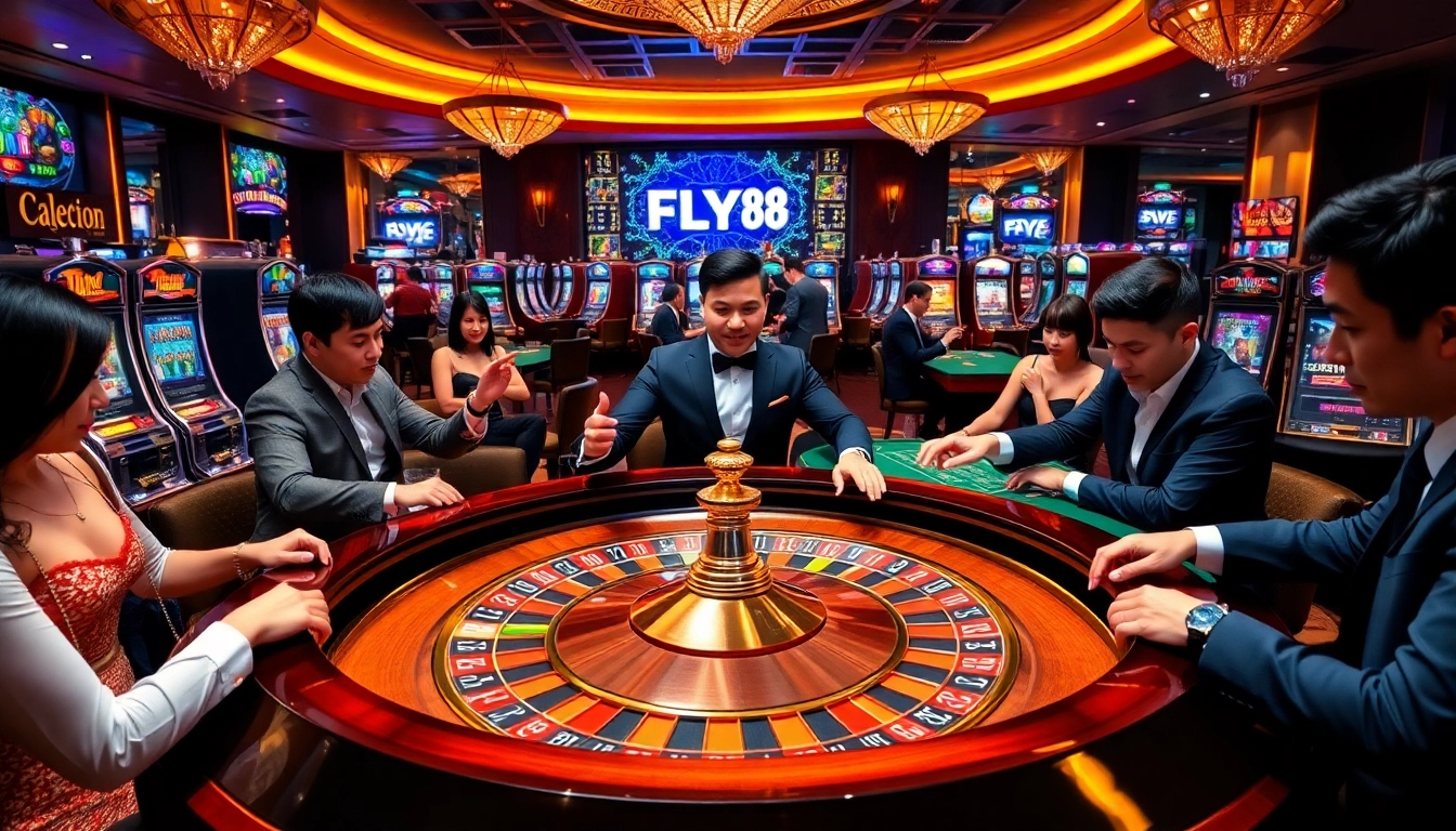 FLY88 casino scene featuring an engaging roulette table and excited players betting.