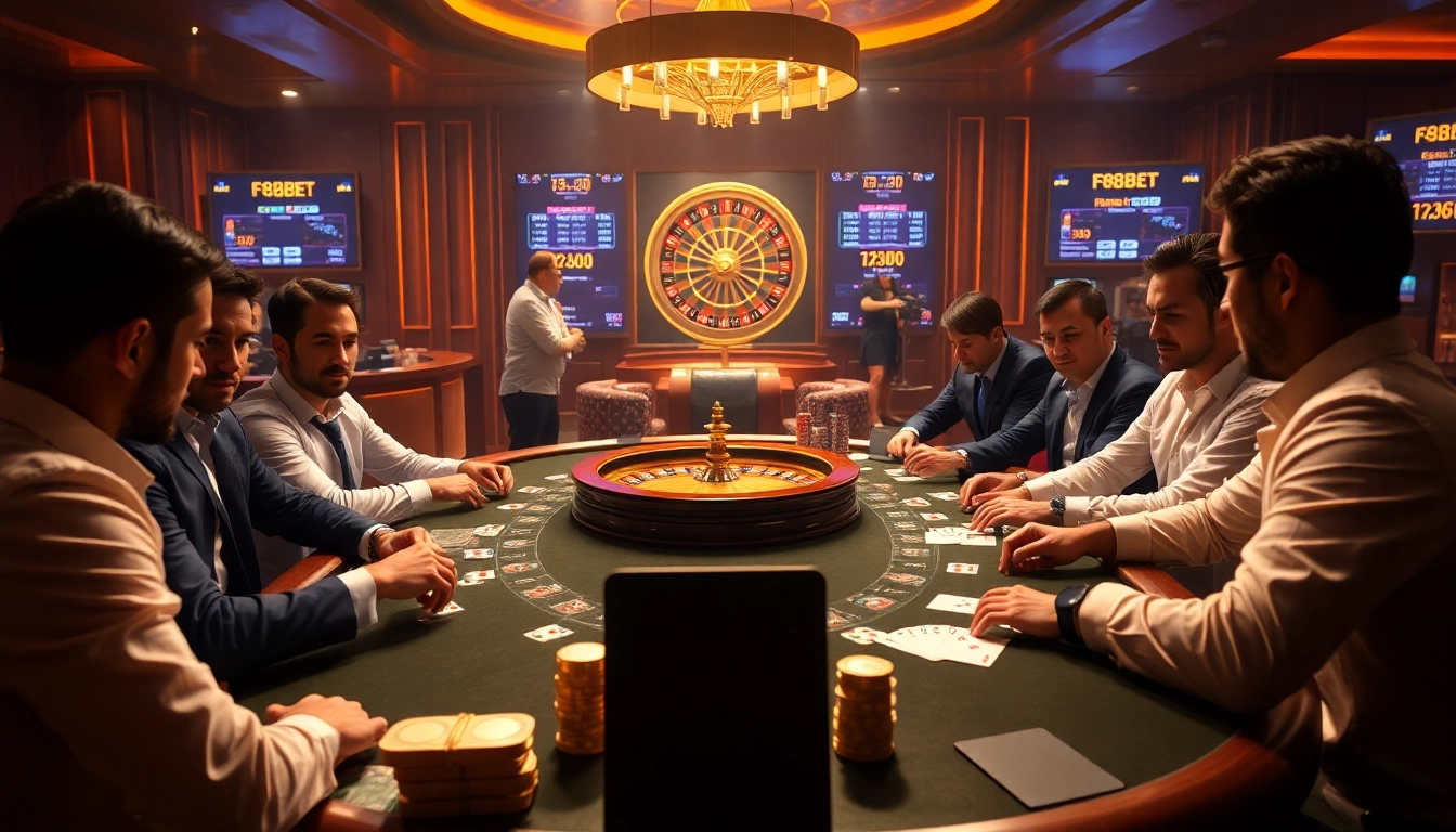 Experience high-stakes poker gameplay at F8BET.DENTAL's vibrant casino setting.
