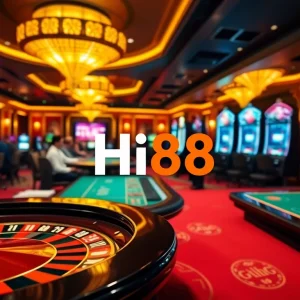 Hi88 players enjoying an exciting casino experience with roulette, poker, and slot machines.