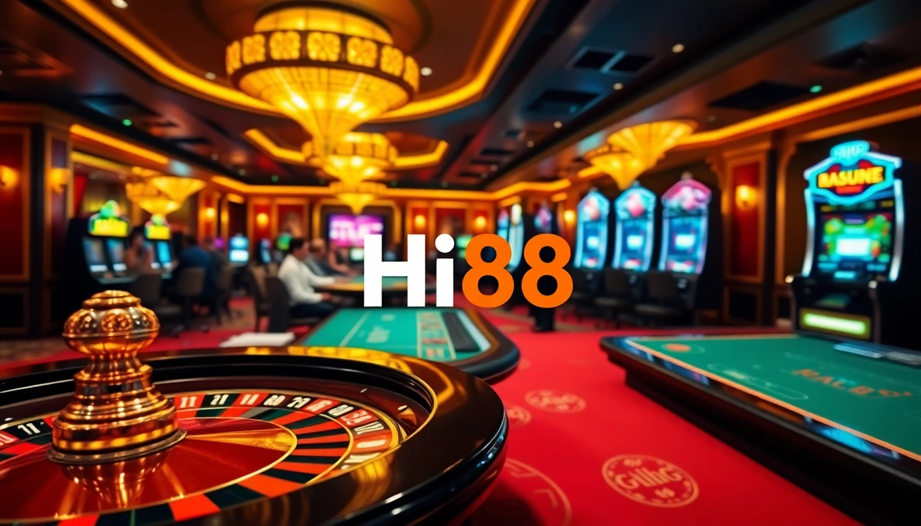 Hi88 players enjoying an exciting casino experience with roulette, poker, and slot machines.