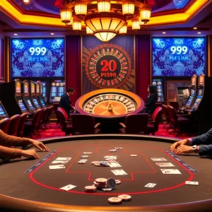 Exciting casino scene featuring PS99 COM with lively poker and colorful slot machines.