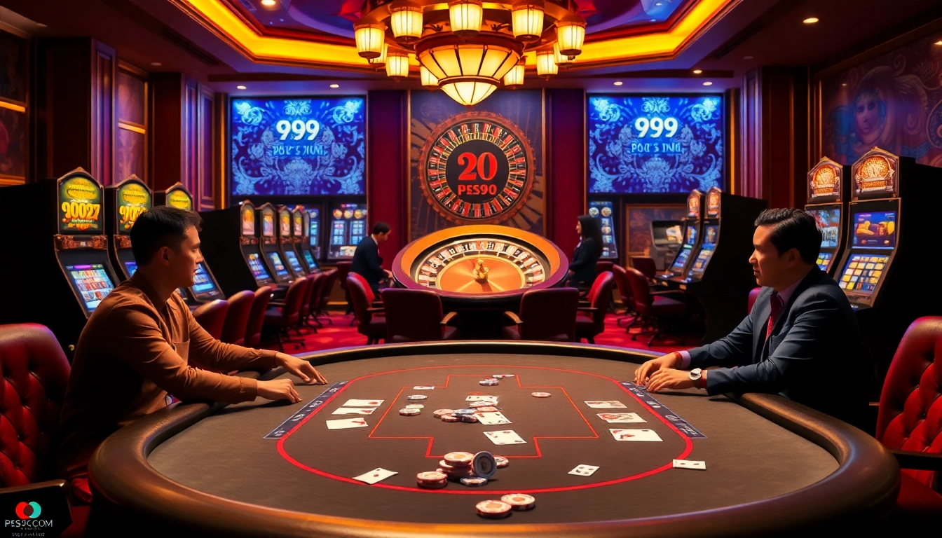Exciting casino scene featuring PS99 COM with lively poker and colorful slot machines.