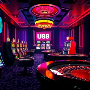 UU88 casino experience showcasing vibrant slot machines and engaging poker tables.
