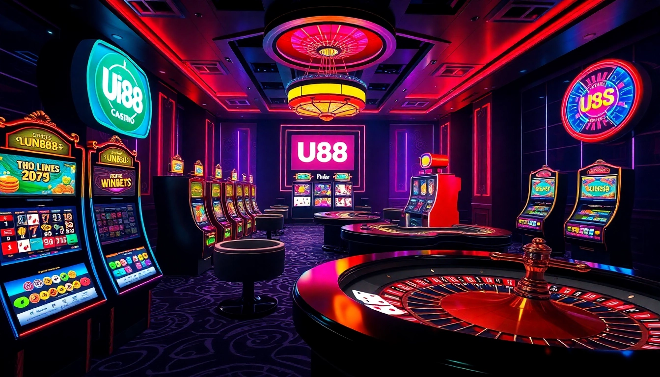 UU88 casino experience showcasing vibrant slot machines and engaging poker tables.